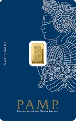 1g PAMP Fortuna Gold Bar Front Side featuring the Lady Fortuna design in original CertiPAMP® packaging 1g PAMP Fortuna Gold Bar Front Side featuring the Lady Fortuna design in original CertiPAMP® packaging
