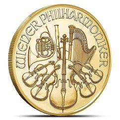1/10 Oz Wiener Philharmoniker 2026 Gold Coin reverse side with Vienna Philharmonic musical instruments 1/10 Oz Wiener Philharmoniker 2026 Gold Coin reverse side with Vienna Philharmonic musical instruments