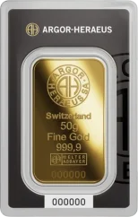 50g investiční zlatý slitek Argor-Heraeus přední strana s logem