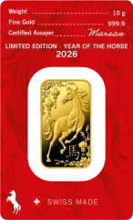 10g Argor-Heraeus Year of the Horse 2026 Gold Bar Reverse Side in original protective blister packaging with Certificate of Authenticity 10g Argor-Heraeus Year of the Horse 2026 Gold Bar Reverse Side in original protective blister packaging with Certificate of Authenticity