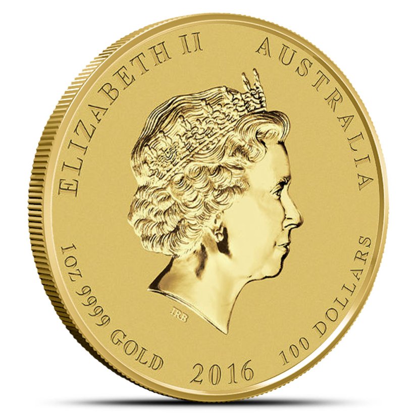 1 Oz Lunar II Year of the Monkey 2016 Gold Coin obverse side with portrait of Queen Elizabeth II