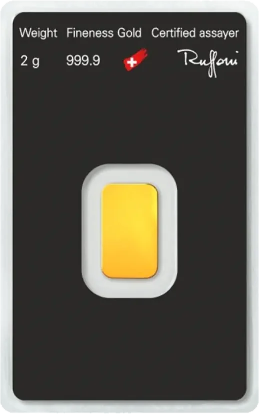 2g Argor-Heraeus Gold Bar Reverse Side in original protective packaging with serial number