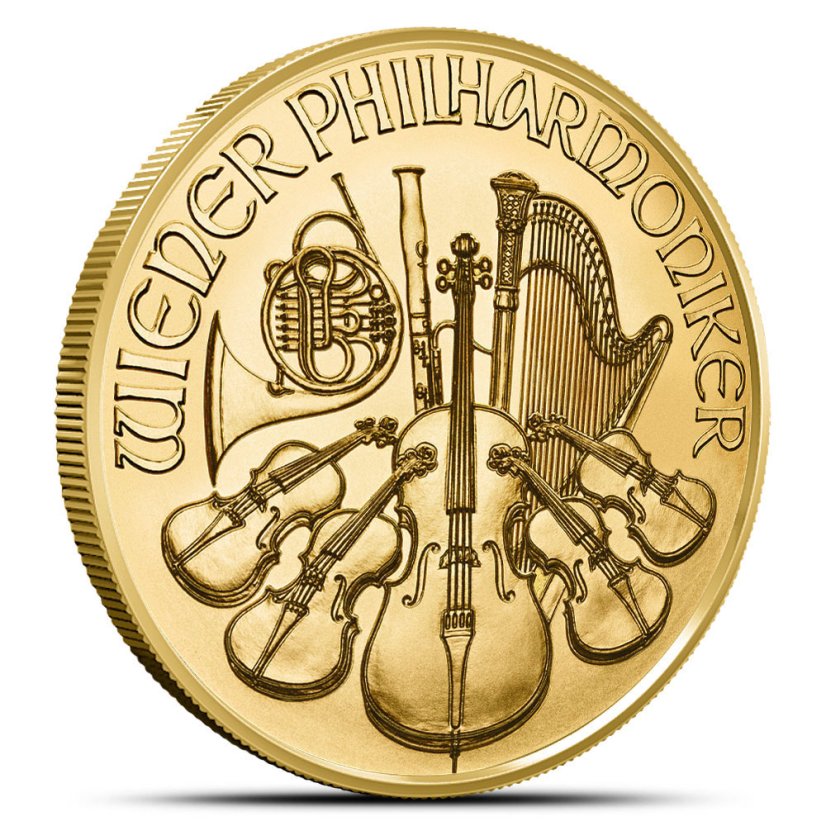 1 Oz Wiener Philharmoniker 2026 Goldmünze Rückseite mit Musikinstrumenten der Wiener Philharmoniker