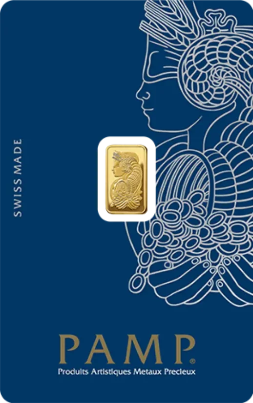 1g PAMP Fortuna Gold Bar Front Side featuring the Lady Fortuna design in original CertiPAMP® packaging