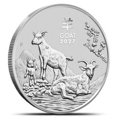 1 Oz Australian Lunar III Year of the Goat 2027 Silver Coin – reverse with three goats under a plum blossom tree 1 Oz Australian Lunar III Year of the Goat 2027 Silver Coin – reverse with three goats under a plum blossom tree