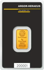 5g Argor-Heraeus Kinebar Gold Bar Front Side in original protective packaging with Certificate of Authenticity 5g Argor-Heraeus Kinebar Gold Bar Front Side in original protective packaging with Certificate of Authenticity