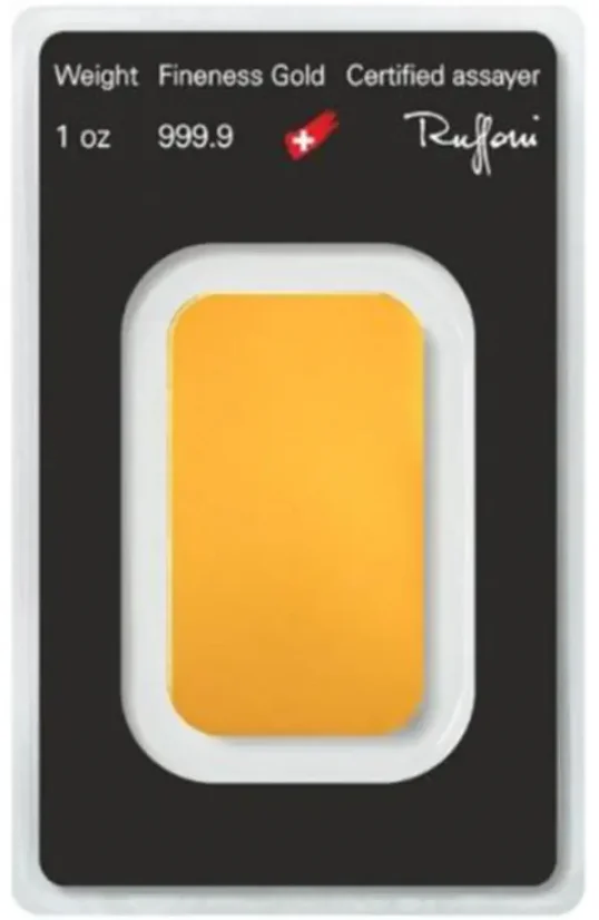 1 Oz Argor-Heraeus Gold Bar (31.1g) reverse side in original protective blister packaging with Certificate of Authenticity