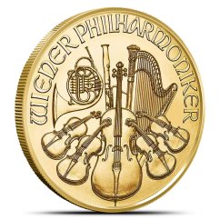 1/4 Oz Wiener Philharmoniker 2025 Gold Coin reverse side with Vienna Philharmonic musical instruments 1/4 Oz Wiener Philharmoniker 2025 Gold Coin reverse side with Vienna Philharmonic musical instruments