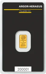 1g Argor-Heraeus Gold Bar Front Side in original protective packaging with Certificate of Authenticity 1g Argor-Heraeus Gold Bar Front Side in original protective packaging with Certificate of Authenticity