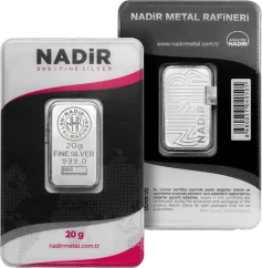 20g Nadir Metal Anlagesilberbarren im originalen Blister mit Angabe des Gewichts und der Reinheit 999/1000 Ag. 20g Nadir Metal Anlagesilberbarren im originalen Blister mit Angabe des Gewichts und der Reinheit 999/1000 Ag.