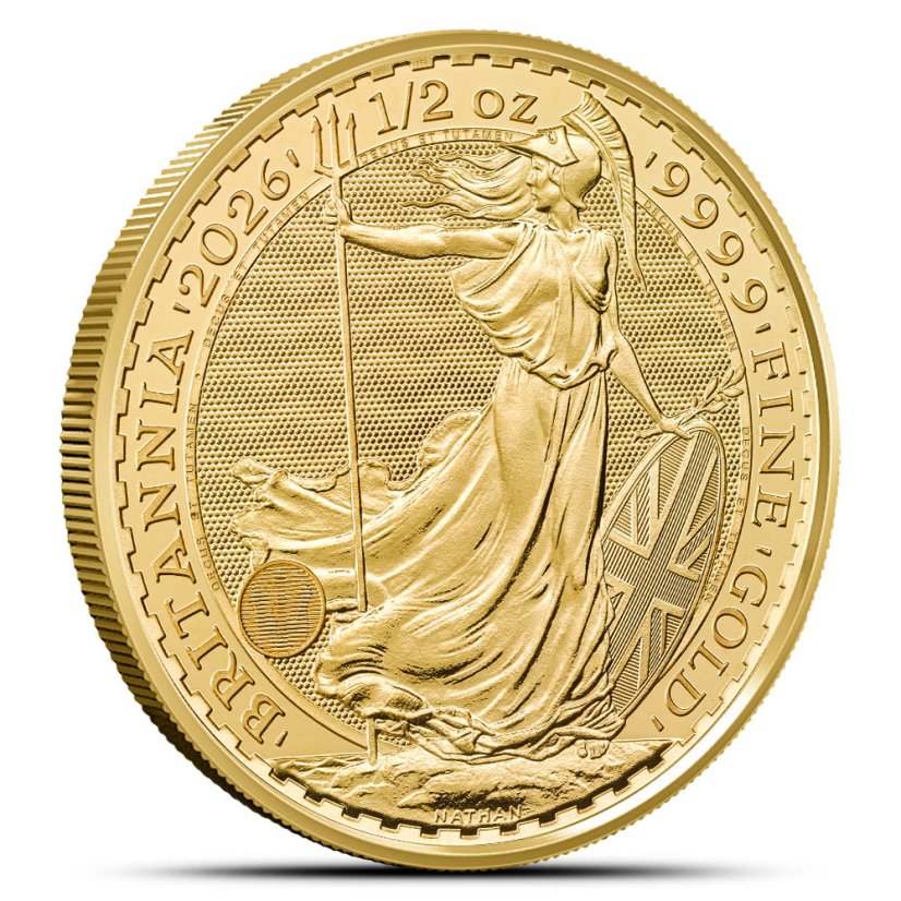 1/2 Oz Britannia 2026 Goldmünze Rückseite mit Britannia-Motiv und Sicherheitsmerkmalen