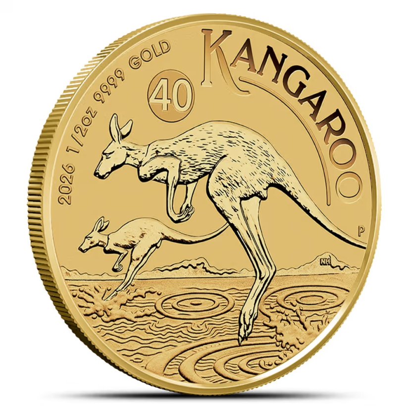 1/2 Oz Australian Kangaroo 2026 Goldmünze Rückseite mit Känguru-Motiv