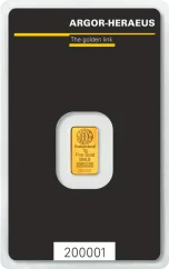 1g Argor-Heraeus Kinebar® Gold Bar Front Side in original protective packaging with Certificate of Authenticity 1g Argor-Heraeus Kinebar® Gold Bar Front Side in original protective packaging with Certificate of Authenticity