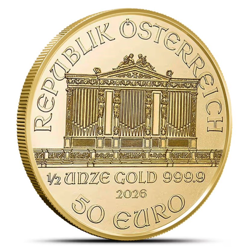 1/2 Oz Wiener Philharmoniker 2026 investiční zlatá mince přední strana 