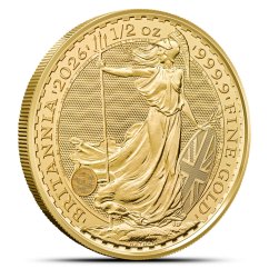 1/2 Oz Britannia 2026 Gold Coin reverse side with Britannia design and security features 1/2 Oz Britannia 2026 Gold Coin reverse side with Britannia design and security features