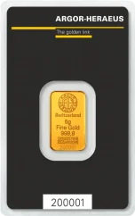 5g Argor-Heraeus Gold Bar Front Side in original protective packaging with Certificate of Authenticity 5g Argor-Heraeus Gold Bar Front Side in original protective packaging with Certificate of Authenticity