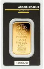1 Oz Argor-Heraeus Gold Bar (31.1g) front side in original protective blister packaging with Certificate of Authenticity