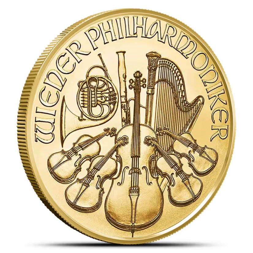 1/4 Oz Wiener Philharmoniker 2025 Goldmünze Rückseite mit Musikinstrumenten der Wiener Philharmoniker