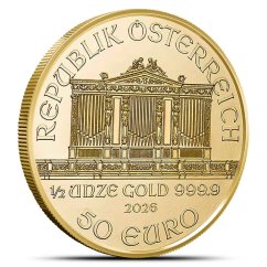 1/2 Oz Wiener Philharmoniker 2026 Gold Coin obverse side with the Vienna Musikverein organ 1/2 Oz Wiener Philharmoniker 2026 Gold Coin obverse side with the Vienna Musikverein organ