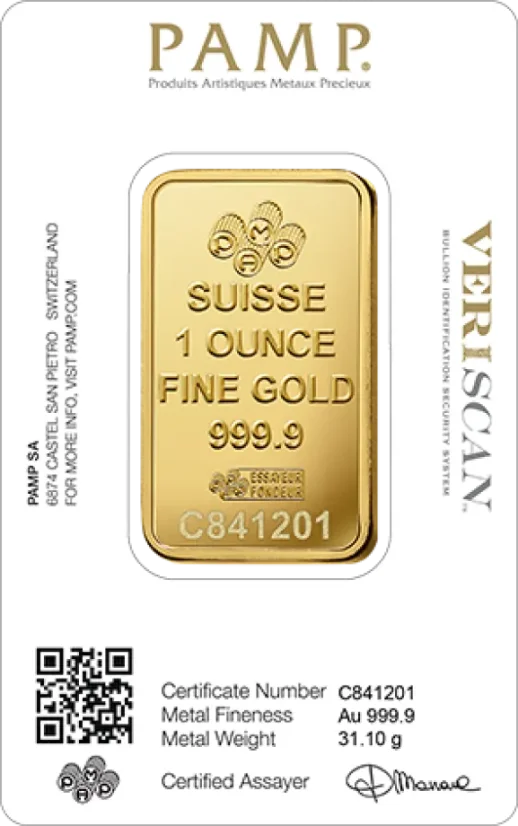 1 Oz Goldbarren PAMP Fortuna Rückseite mit Zertifikat