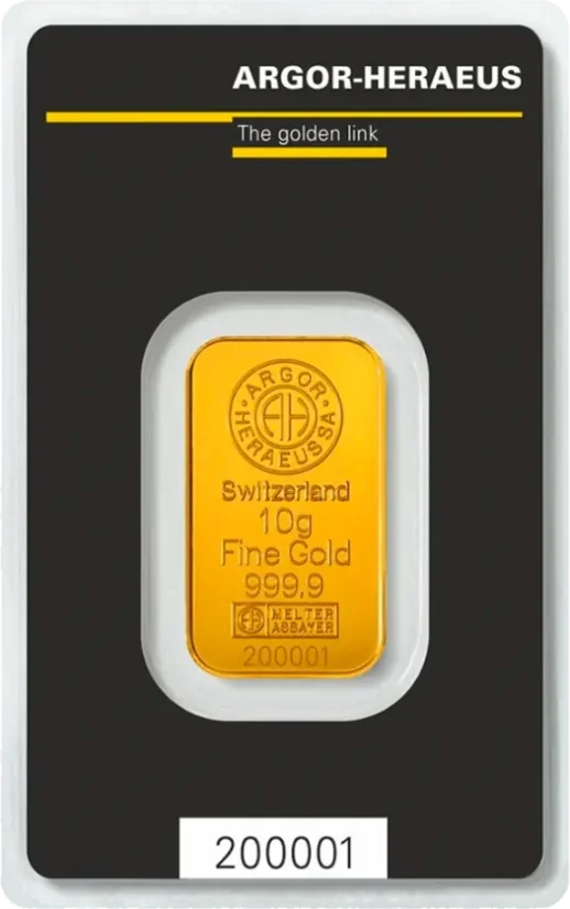 10g Goldbarren Argor-Heraeus Vorderseite im originalen Schutzblister mit Echtheitszertifikat