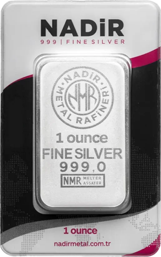 1 Oz Nadir Metal Silver Bar front side with refinery logo, weight and 999/1000 Ag purity