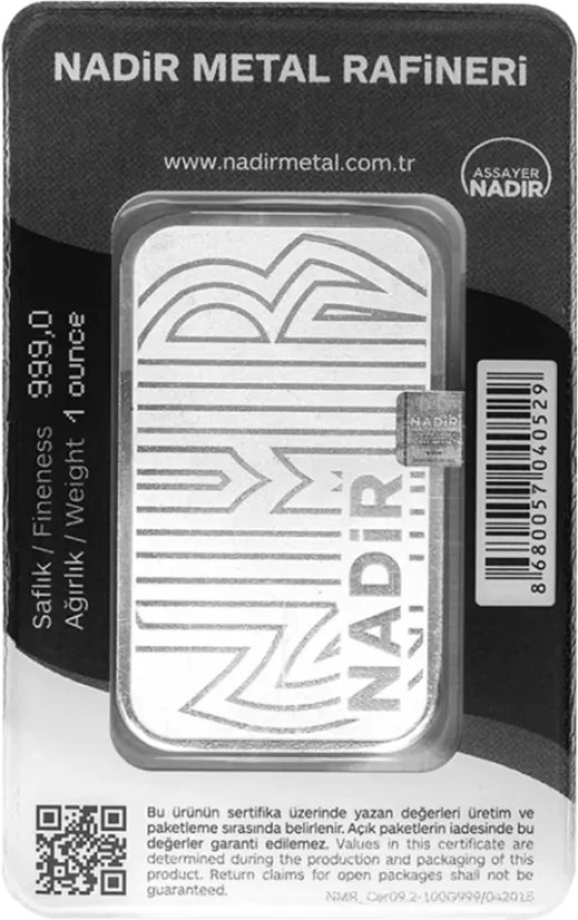 1 Oz Nadir Metal Silver Bar reverse side with repeated Nadir logo pattern