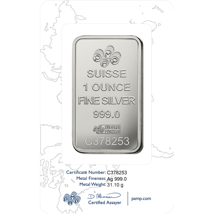 1 Oz PAMP Fortuna Silberbarren Rückseite mit PAMP Suisse Logo, Gewicht und Reinheit 999/1000 Ag