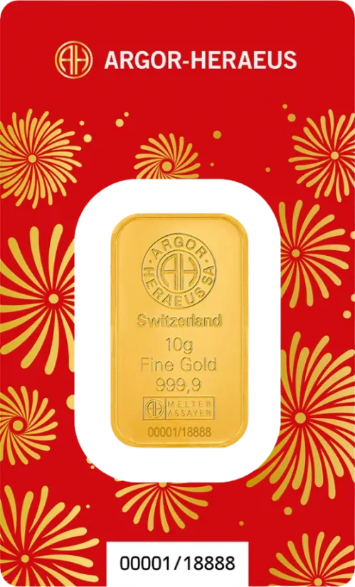10g Argor-Heraeus Year of the Horse 2026 Gold Bar Front Side in original protective blister packaging with Certificate of Authenticity