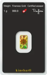 1g Argor-Heraeus Kinebar® Gold Bar Reverse Side with KINEGRAM® security feature in original protective packaging 1g Argor-Heraeus Kinebar® Gold Bar Reverse Side with KINEGRAM® security feature in original protective packaging