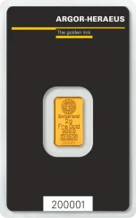 2g Argor-Heraeus Kinebar® Goldbarren Vorderseite mit Raffinerielogo, Gewicht und Reinheit 999,9/1000 Au