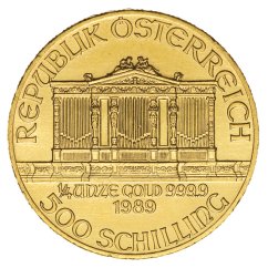 1/4 Oz Wiener Philharmoniker ATS Gold Coin obverse side with Vienna Musikverein organ and 500 ATS face value 1/4 Oz Wiener Philharmoniker ATS Gold Coin obverse side with Vienna Musikverein organ and 500 ATS face value