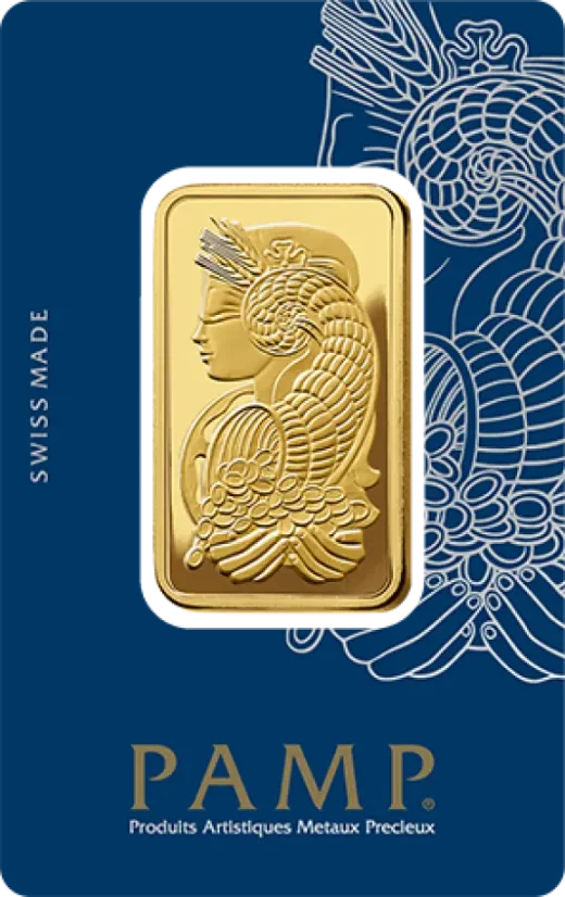 1 Oz Goldbarren PAMP Fortuna Vorderseite im Blister