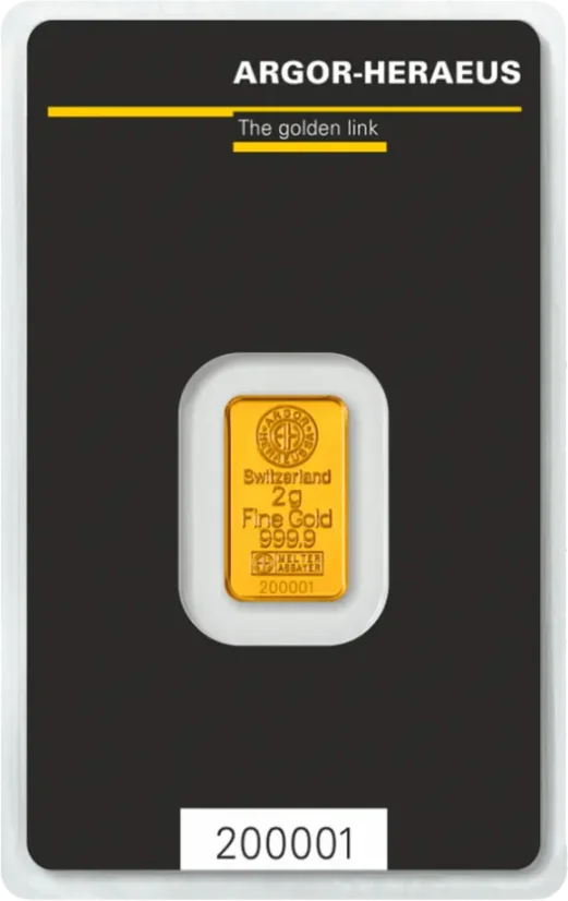 2g Argor-Heraeus Gold Bar Front Side in original protective packaging with Certificate of Authenticity