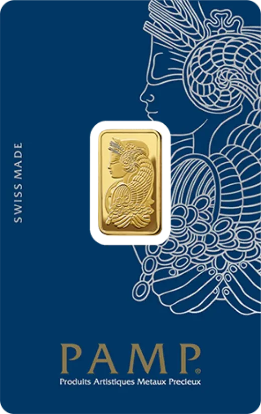 5g Goldbarren PAMP Fortuna Vorderseite mit Motiv der Göttin Fortuna in originaler CertiPAMP-Verpackung