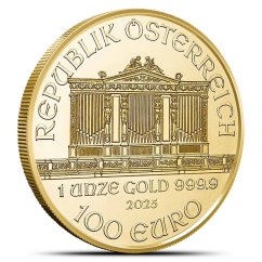 1 Oz Wiener Philharmoniker 2026 investiční zlatá mince přední strana s varhanami Vídeňské filharmonie