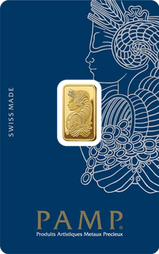 2.5g PAMP Fortuna Gold Bar Front Side featuring the Fortuna design in original CertiPAMP® packaging