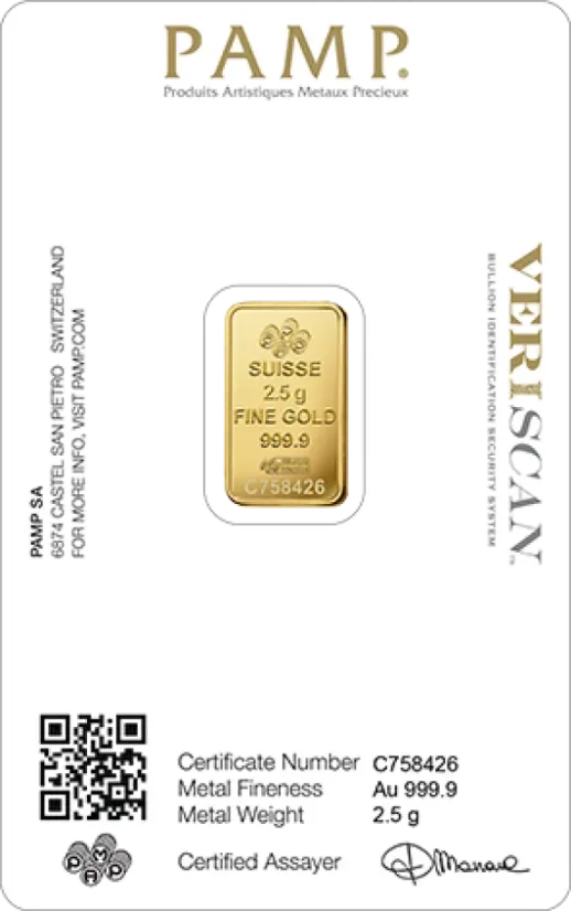 2.5g PAMP Fortuna Gold Bar Reverse Side in original CertiPAMP® packaging with Certificate of Authenticity