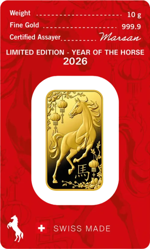 10g Argor-Heraeus Year of the Horse 2026 Gold Bar Reverse Side in original protective blister packaging with Certificate of Authenticity