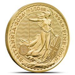 1/10 Oz Britannia 2026 Gold Coin reverse side with Britannia design and security features 1/10 Oz Britannia 2026 Gold Coin reverse side with Britannia design and security features