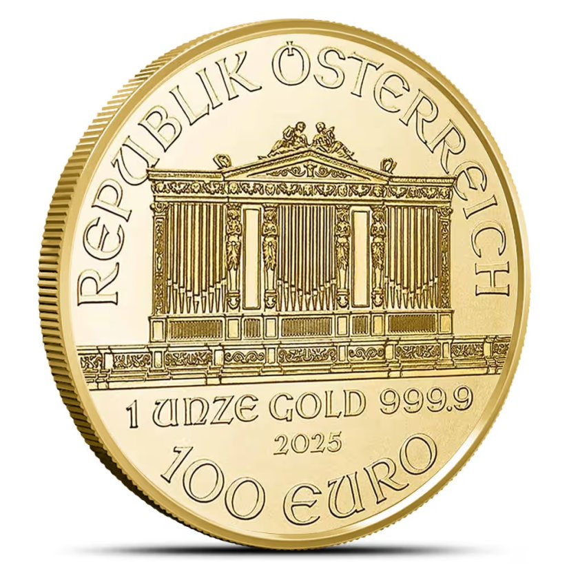 1 Oz Wiener Philharmoniker 2026 Goldmünze Vorderseite mit Orgel des Wiener Musikvereins