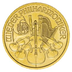 1/4 Oz Wiener Philharmoniker ATS Gold Coin reverse side with Vienna Philharmonic musical instruments 1/4 Oz Wiener Philharmoniker ATS Gold Coin reverse side with Vienna Philharmonic musical instruments