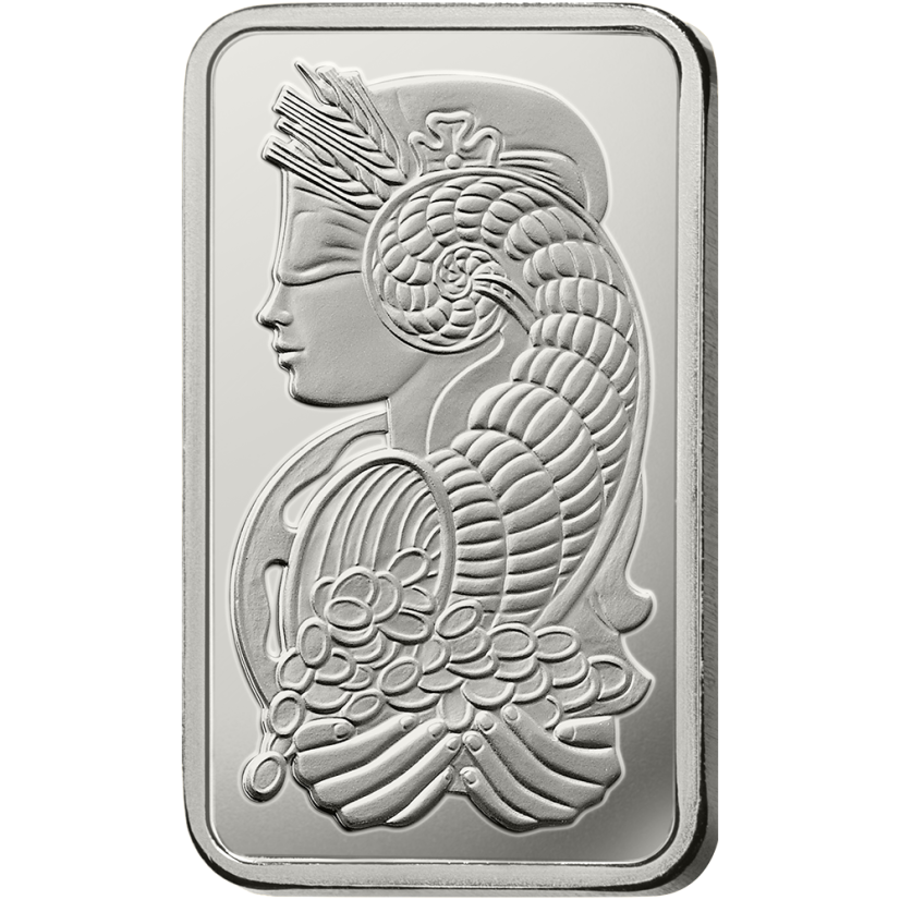 1 Oz PAMP Fortuna Silberbarren Detailansicht der Reinheit 999/1000 Ag, des Gewichts 1 Feinunze und des Fortuna-Motivs
