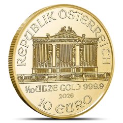 1/10 Oz Wiener Philharmoniker 2026 Gold Coin obverse side with the Vienna Musikverein organ 1/10 Oz Wiener Philharmoniker 2026 Gold Coin obverse side with the Vienna Musikverein organ