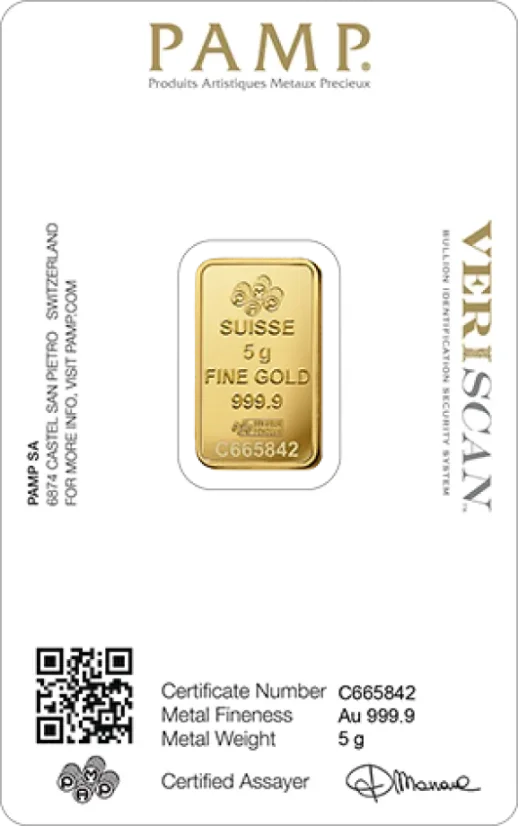 5g Goldbarren PAMP Fortuna Rückseite in originaler CertiPAMP-Verpackung mit Echtheitszertifikat