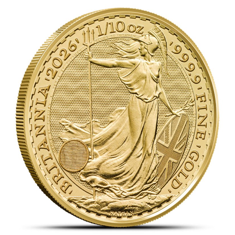 1/10 Oz Britannia 2026 Goldmünze Rückseite mit Britannia-Motiv und Sicherheitsmerkmalen