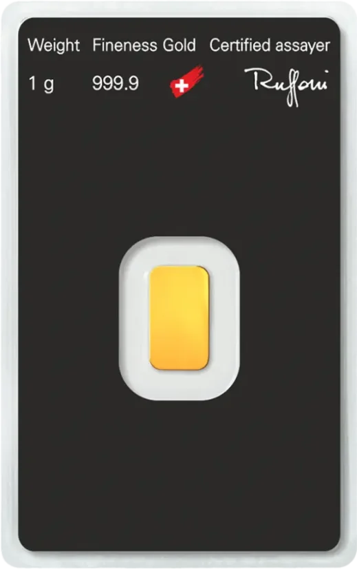 1g Argor-Heraeus Gold Bar Reverse Side in original protective packaging with serial number