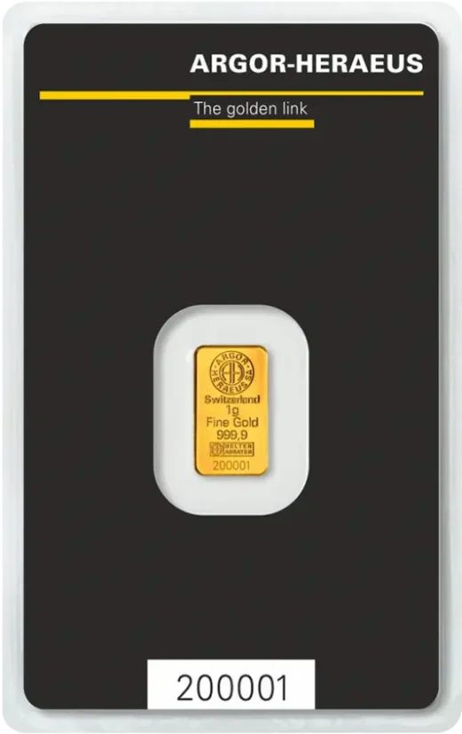 1g Argor-Heraeus Gold Bar Front Side in original protective packaging with Certificate of Authenticity