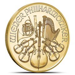 1/2 Oz Wiener Philharmoniker 2026 Gold Coin reverse side with Vienna Philharmonic musical instruments 1/2 Oz Wiener Philharmoniker 2026 Gold Coin reverse side with Vienna Philharmonic musical instruments