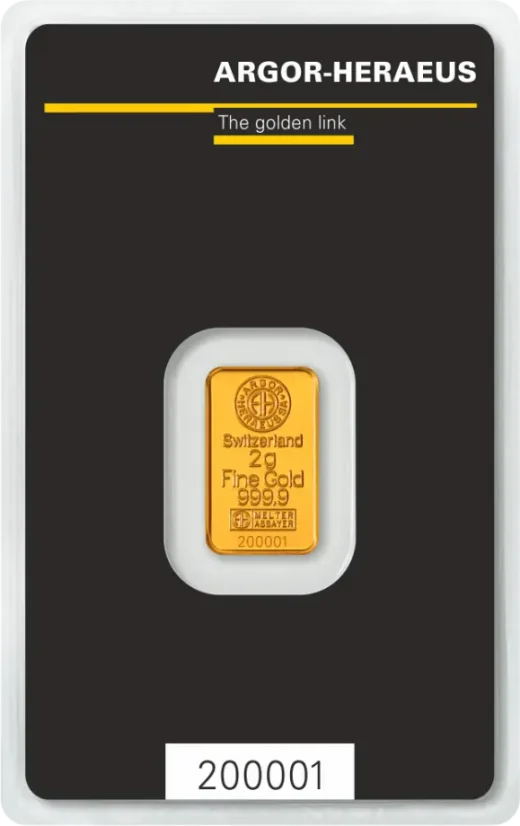 2g Argor-Heraeus Kinebar® Goldbarren Vorderseite mit Raffinerielogo, Gewicht und Reinheit 999,9/1000 Au